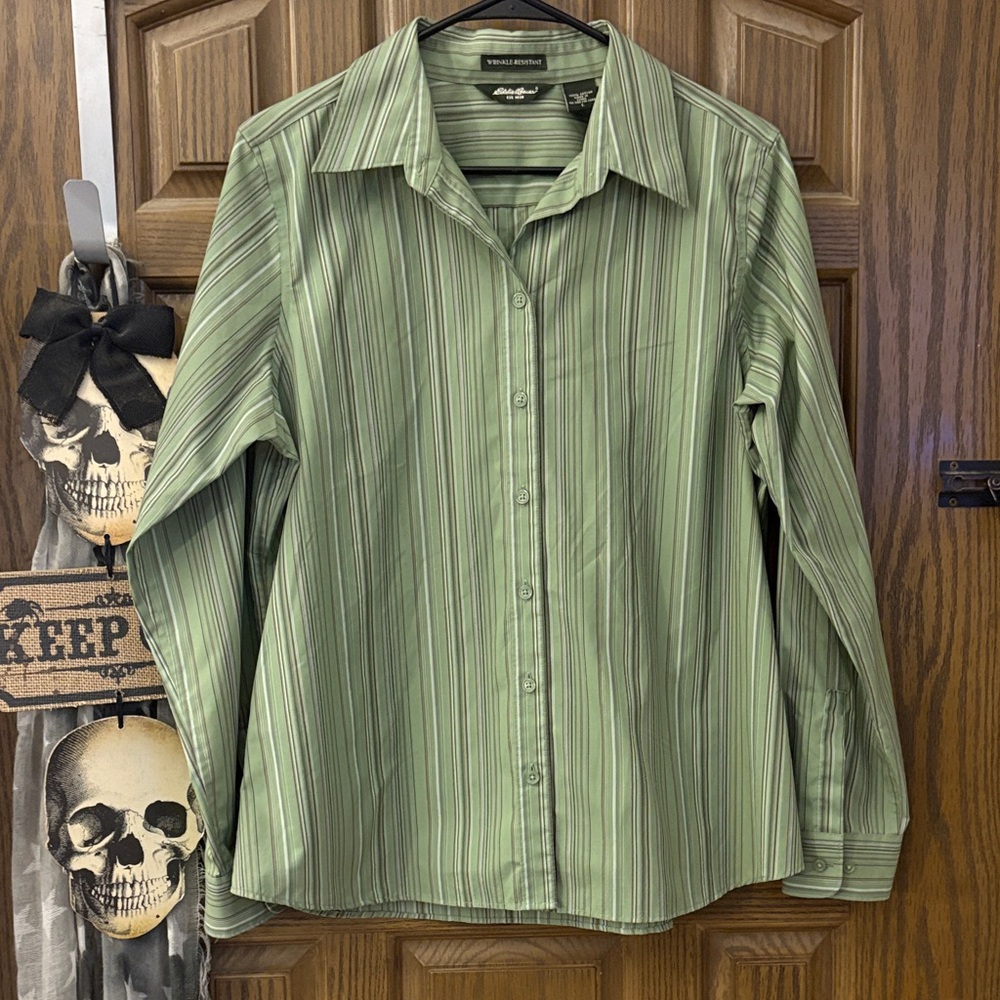 Eddie Bauer Women’s Olive Striped Button-Down Shirt